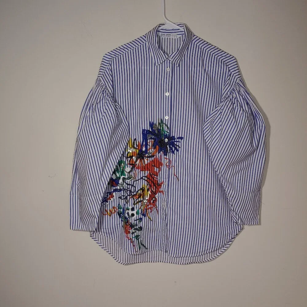 Zara Denim 3/4 Balloon Sleeves Blue White Stripes Embroidered Blouse Size XS